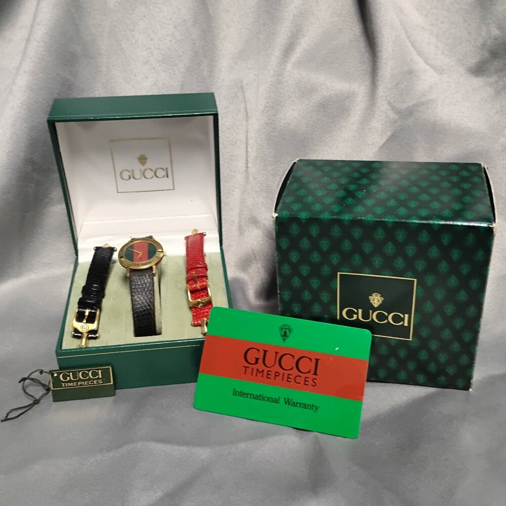 ❤️1987 LADIES GUCCI 3001 L Sherry Line Dial Watch 2 Extra Straps & 2 Boxes